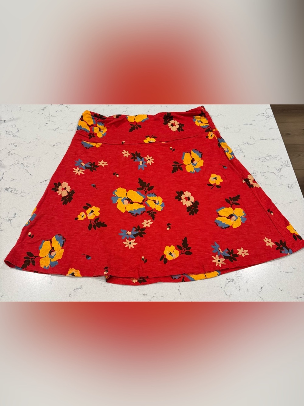 Toad&Co Red Floral A-Line Skirt with Yellow and Light Blue Flowers | Large